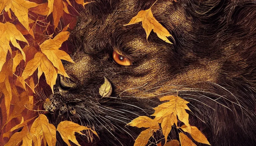 Image similar to golden leaves at frame border, creative!!! composition for a book cover!!!, absurdly beautiful, ultrafine hyperrealistic detailed animal face by wlop and artgerm and greg rutkowski, intricate linework, sharp focus, smooth, octopath traveler, final fantasy, unreal engine, dramatic lighting, ethereal, 8 k