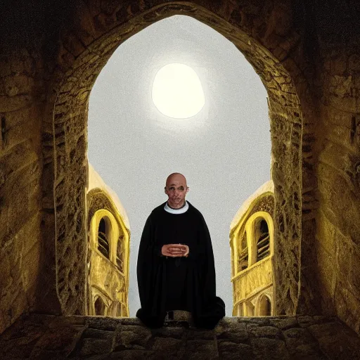 Image similar to Digital portrait of a terrified catholic priest in his thirties kneeled in fervent prayer at the top of a medieval tower. Looking up with eyes wide open with fear looking straight at the viewer. Dressed in white. An ominous yellow shadow is descending upon him from the night sky. Award-winning digital art, trending on ArtStation