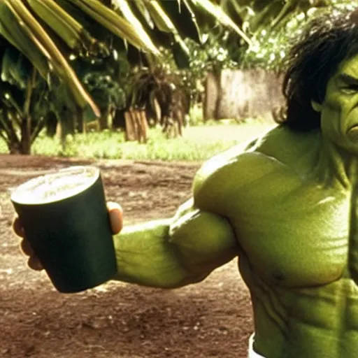 Prompt: a film still of hulk drinking coconut water