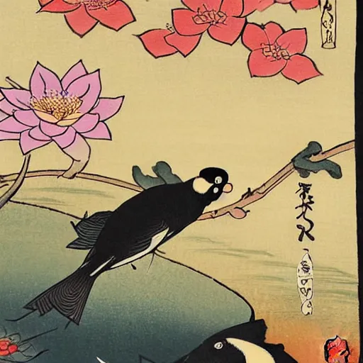 Prompt: a painting of flowers and a bird flying over a koi pond, a silk screen by ohara koson, pixiv contest winner, ukiyo - e, ukiyo - e, creative commons attribution, woodcut