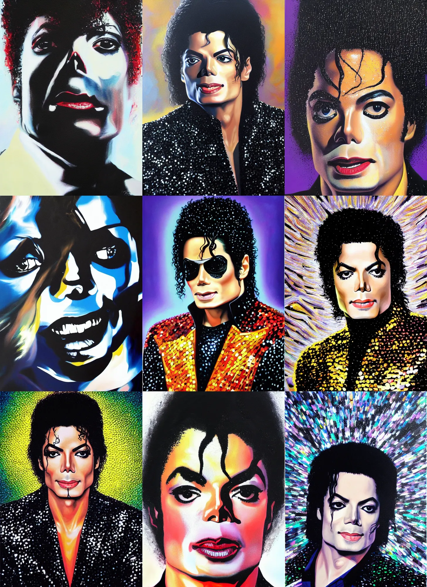 Prompt: dynamic macro head portrait of beautiful michael jackson super hero in black sequined jacket, painting by alex ross, oil painting photo real