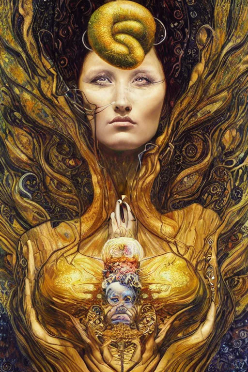 Image similar to Rebirth by Karol Bak, Jean Deville, Gustav Klimt, and Vincent Van Gogh, Rebirth, Loki's Pet Project, mystical portrait of a serpent deity, Surreality, otherworldly, fractal structures, arcane, ornate gilded medieval icon, third eye, spirals