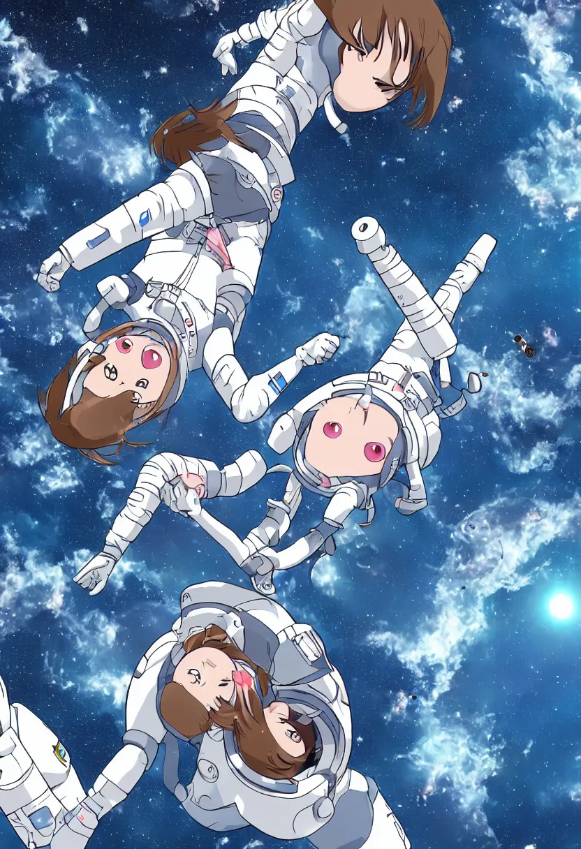 Prompt: An astronaut girl floating in the cosmo outside the space station, anime style, trending on Pixiv
