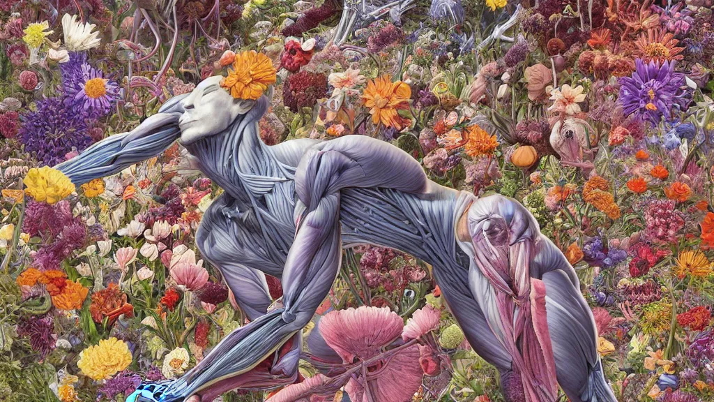 Image similar to highly detailed illustration of a human anatomy body exploded by all the known species of flowers by juan gatti, by makoto shinkai, by moebius!, by oliver vernon, by joseph moncada, by damon soule, by manabu ikeda, by kyle hotz, by dan mumford, by kilian eng