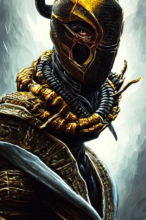 Prompt: ultra realistic illustration, scorpion from mortal kombat dressed like a wakandan warrior, hacknaut cyberpunk, sci - fi, fantasy, intricate, elegant, highly detailed, digital painting, artstation, concept art, smooth, sharp focus, illustration, art by artgerm and greg rutkowski and alphonse mucha