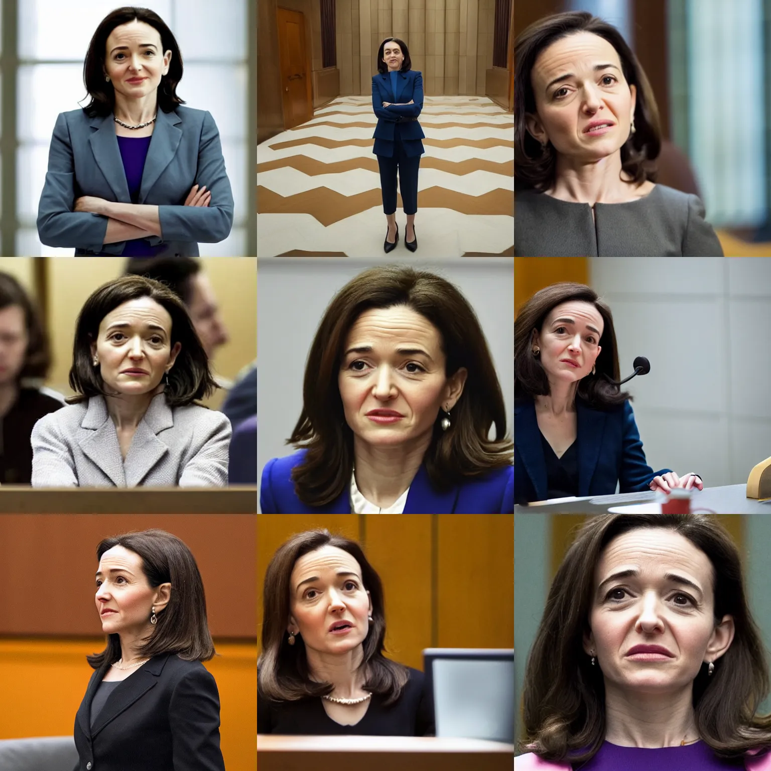 Prompt: Movie still of Sheryl Sandberg standing trial at the Hague in Facebook The Movie (2017), directed by Steven Spielberg