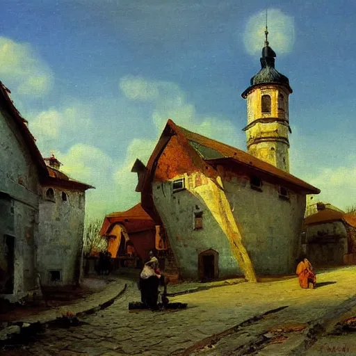 Image similar to scene of an Eastern European village, summer, oil painting, in the style of Peredvizhniki, by Alexei Savrasov