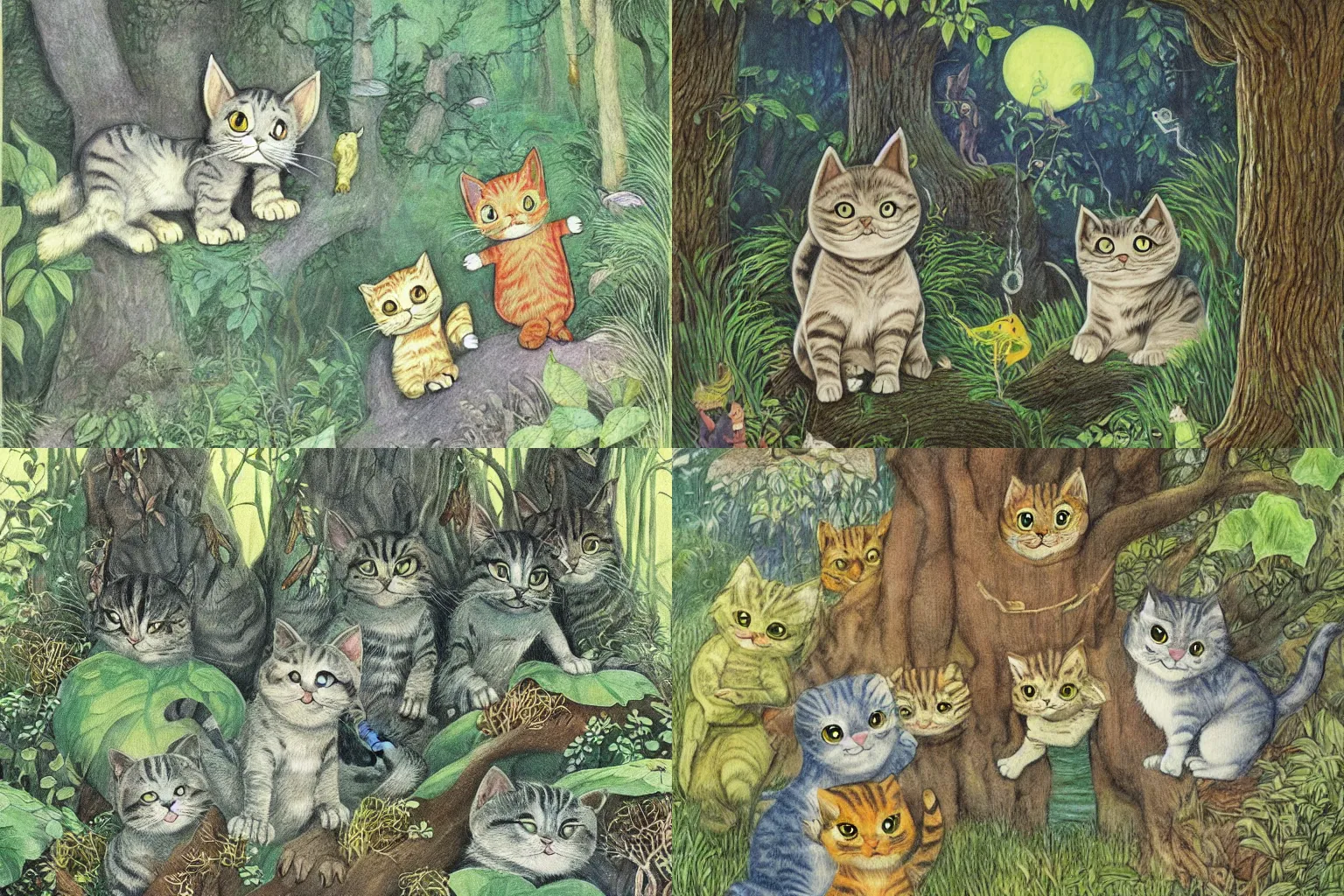 Prompt: incredibly detailed painting of beautiful cats in fantasy forest, illustration by maurice sendak, children's book cover.