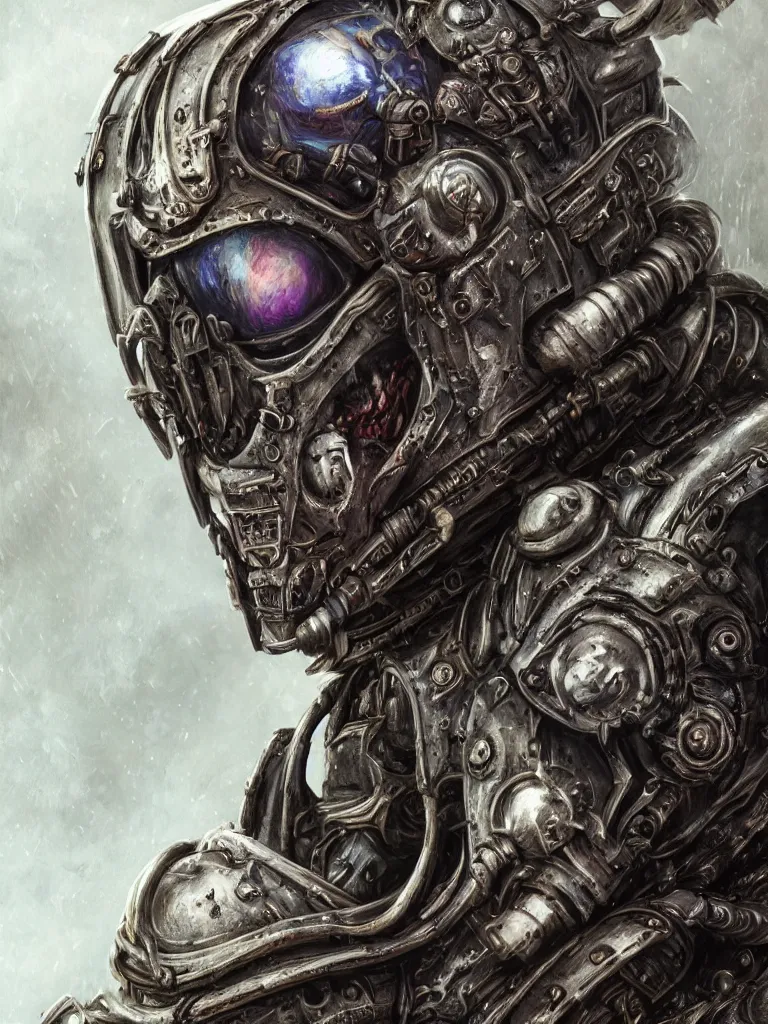 Image similar to portrait art of 8k ultra realistic undead space marine, decaying, exquisite helmet detail , detailed intricate ornate armour,eldritch horror, cybernetic, full of colour, cinematic lighting, battered, trending on artstation, 4k, hyperrealistic, focused, extreme details,unreal engine 5, cinematic, masterpiece, art by ayami kojima, giger