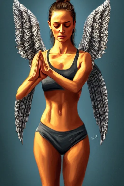 Image similar to Full body potrait of fit angel doing yoga asanas , angel is split in two with smoke, fantasy, intricate, elegant, highly detailed, digital painting, artstation, concept art, smooth, sharp focus, illustration, art by Ilja Repin