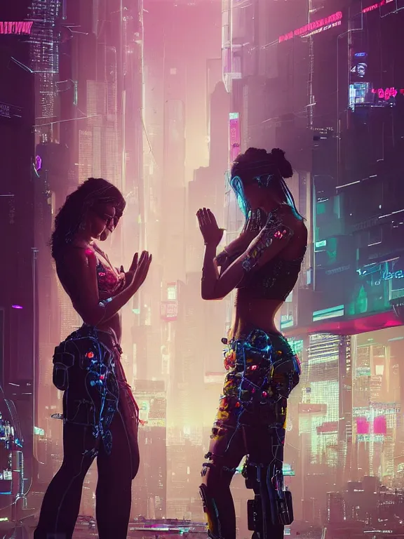 Prompt: a complex cyberpunk 2077 concept art ultra detailed of two veiled perfect human face female android queens praying together with lots of electric cable behind them connected to giant computer,bowknot, fine lace, GUCCI, sparkling, jewel embellishment, film lighting, by Andrei Riabovitchev,Stanely Artgerm, Tom Bagshaw, Andrei Riabovitchev, aaron horkey, trending on pinterest, full of color, mythological, high detailed,golden ratio,cinematic lighting