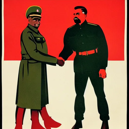 Image similar to a majestic soviet propaganda poster of stalin shaking hands with kanye west