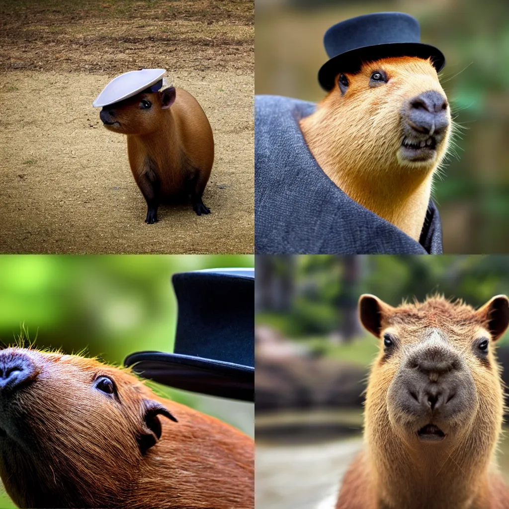 Prompt: Award Winning Photo Of A Capybara With A Tophat And A Suit, 4K, Photorealistic