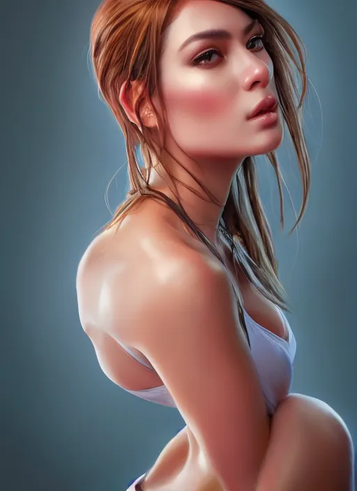 Image similar to photo of a gorgeous female in the style of stefan kostic, realistic, professionally, professionally color graded, half body shot, sharp focus, 8 k high definition, insanely detailed, intricate, elegant, art by stanley lau and artgerm