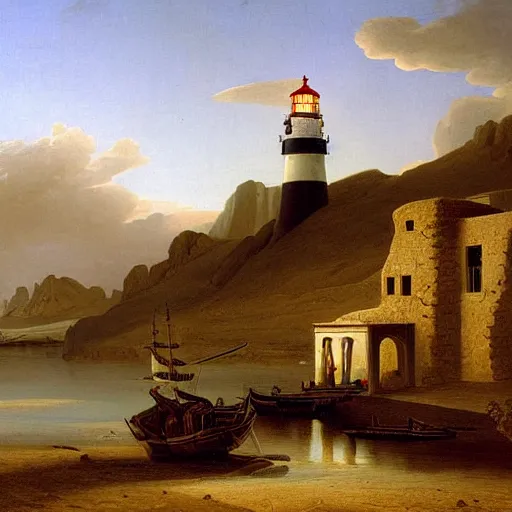 Prompt: the desert port, lighthouse, classical art, by asher brown durand