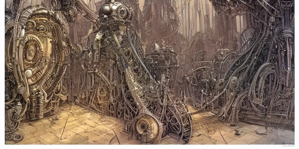 Prompt: steampunk designed by h. r. giger,, architecture, painted by moebius and jean - michel charlier, colorful, extremely detailed faces, intricate linework, smooth, super sharp focus, colorful, high contrast, matte
