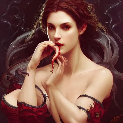 Prompt: portrait of a sexy female vampire facing cthulhu, intricate, elegant, highly detailed, digital painting, artstation, concept art, smooth, sharp focus, illustration, art by artgerm and greg rutkowski and alphonse mucha and william - adolphe bouguereau