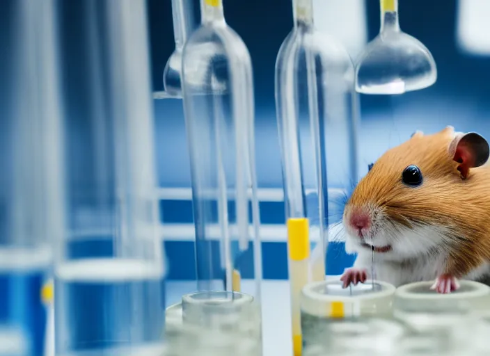 Image similar to film still of a hamster working in a research lab filling test tubes, 8 k