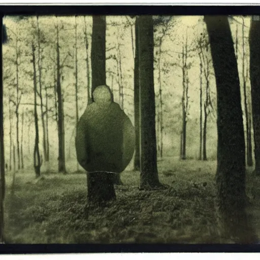 Prompt: man with the upside down face in woods, creepy, 1910 Polaroid