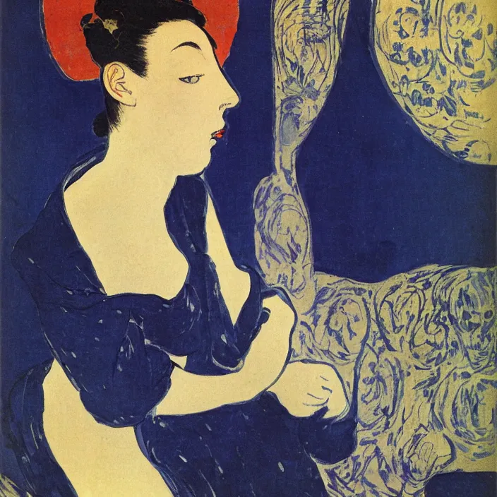 Prompt: woman with painted vase. deep dark indigo blue. henri de toulouse - lautrec, utamaro, matisse