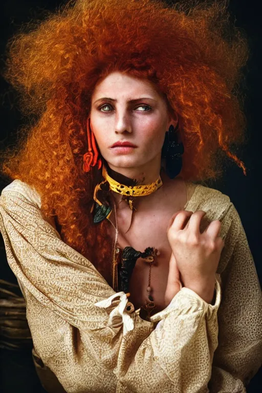 Image similar to 19th Century Barbary Coast pirate beautiful female model with amazing Ginger hair and Golden hooped earrings photography by Steve McCurry