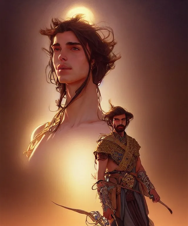 Image similar to An adventurer in the desert with the power of foresight, handsome young face, medium straight hair, fantasy, intricate, elegant, highly detailed, digital painting, artstation, concept art, smooth, sharp focus, illustration, art by artgerm and greg rutkowski and alphonse mucha