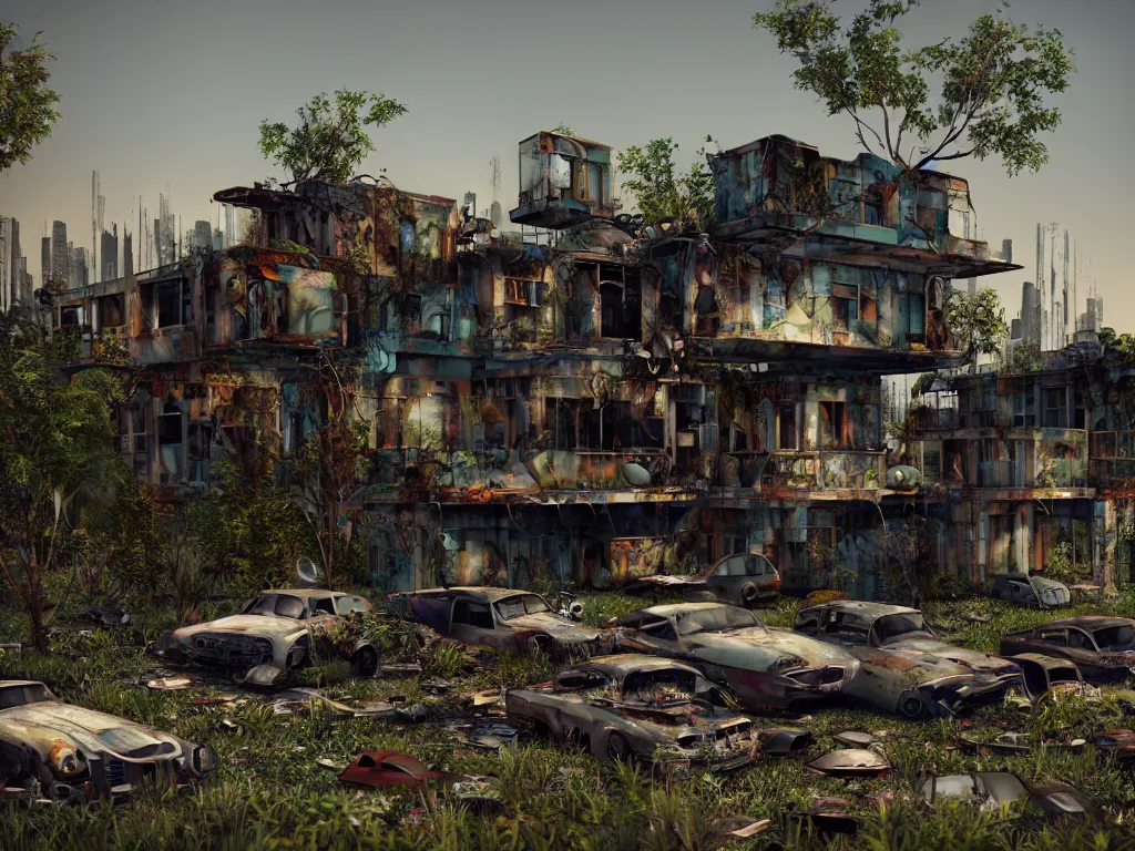 Prompt: beautiful house made from junkyard scrap parts, in an abandoned car lot overgrown, junk architectural, futuresynth, scrapyard architecture, blender, morning, ruined city in the background, trending on artstation