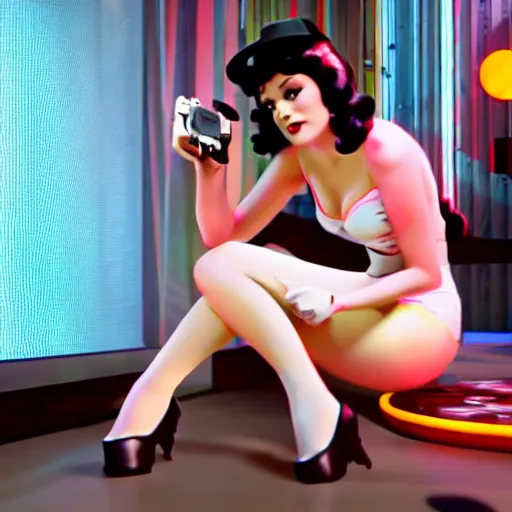 Prompt: a still of a pin up girl playing with a PS4 controller, in the movie A Clockwork Orange, cinematic lighting 4k, bokeh