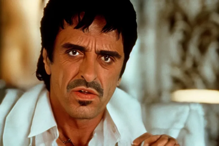 Image similar to face portrait of tony montana from movie scarface 1 9 8 3 sitting behind a big black oak table with big large packages of flour. al pacino. perfect symmetric face, coherent eyes, ron cobb, fine details, cinestill, 4 k. last scene from scarface movie, bokeh