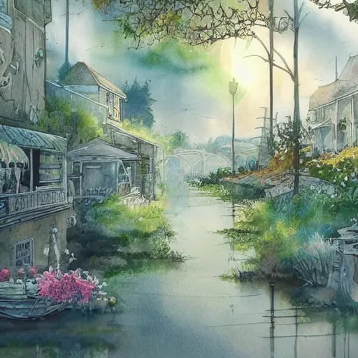 Image similar to Beautiful happy picturesque charming sci-fi town in harmony with nature. Beautiful light. Water and plants. Nice colour scheme, soft warm colour. Beautiful detailed watercolor by Lurid. (2022)