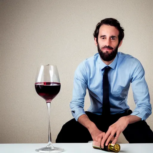 Image similar to portrait of a 3 0 years old frenchman in 2 0 2 0 seated at a table with a bottle of wine. award winning photography, 5 0 mm, studio lighting.