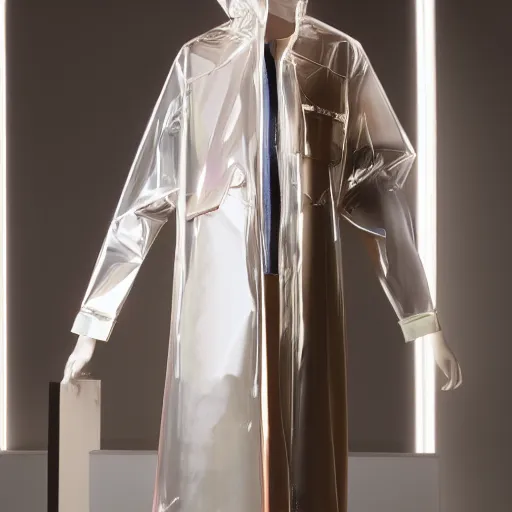 Prompt: an ultra high definition professional studio quality photograph of a transparent iridescent perspex pastel coloured raincoat and head tent on a model in an empty white room. dramatic lighting, ray tracing, refraction, shallow d. o. f, colour corrected, golden ratio, three point light. volumetric shadows. light rays.