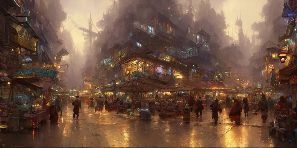 Prompt: screenshot of a marketplace in a makeshift city in the clouds, iridescent, hustle and bustle, fps, thomas kinkade, by craig mullins, james gurney, greg rutkowski, sparth!!, mucha, cinematography!, cinematic masterpiece