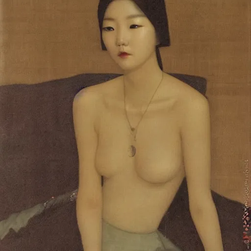 Prompt: Lee Jin-Eun by Edward Okuń, rule of thirds, seductive look, beautiful