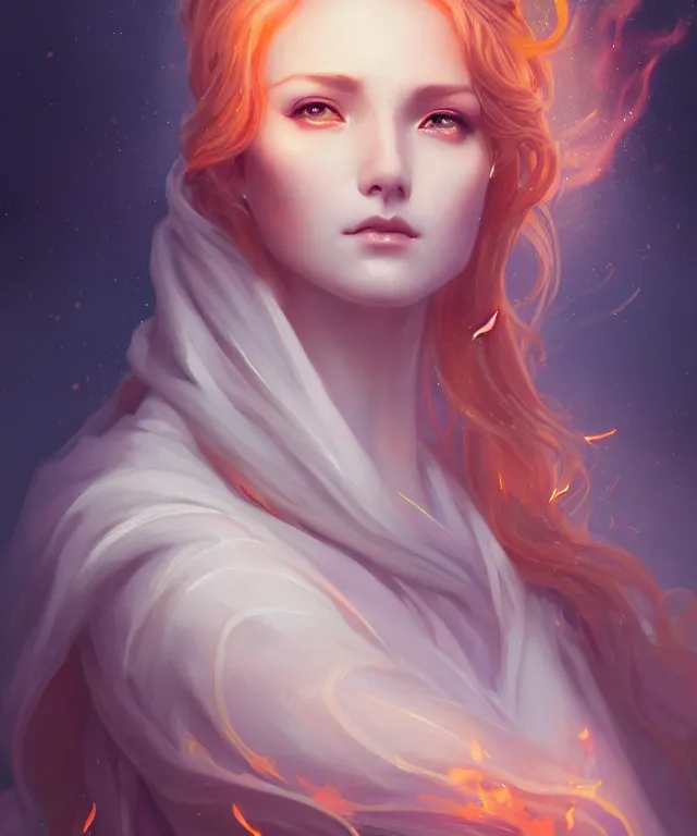 Prompt: cute empress wearing pristine robes at a bonfire by charlie bowater and titian and artgerm, portrait, intricate, face, forest, flowing hair, grey eyes, elegant, orange mist, highly detailed, dramatic lighting, sharp focus, trending on artstation, artstationhd, artstationhq, unreal engine, 4 k, 8 k