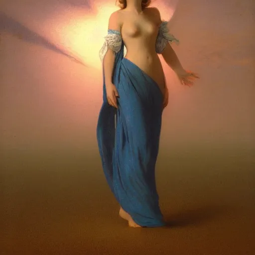 Image similar to a young woman's face, her hair is white and she wears an indigo blue satin cloak, by ivan aivazovsky and syd mead and moebius and gaston bussiere and roger dean and pieter claesz and paul delaroche and alma tadema and aelbert cuyp and jan heem, hyperrealistic, volumetric light, octane render