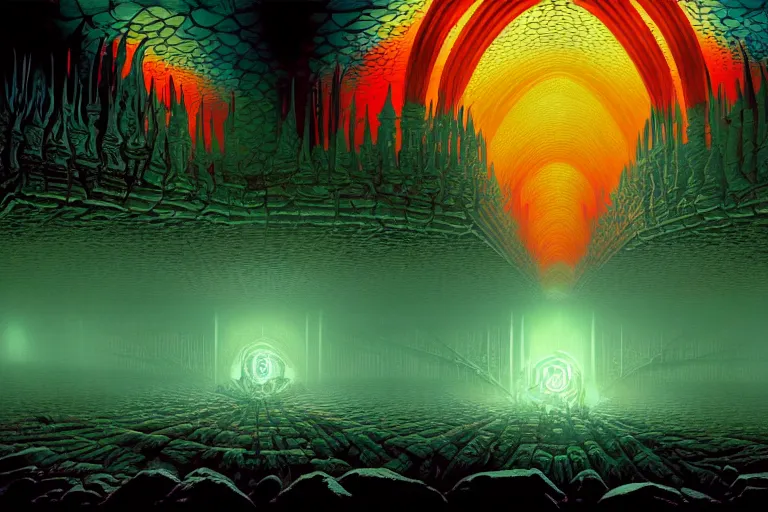 Image similar to the inside of a symmetrical hellish dungeon, matte painting, 4 k, epic composition, volumetric light, abstract illusionism, by william stout, kilian eng, damien hirst, pour paint