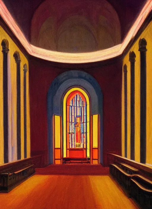 Image similar to a church interior with neon lights painted by Edward Hopper
