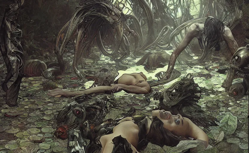Prompt: digital painting of ovni crash swamp wasteland, alien body parts on the floor, elegant artwork by lee bermejo and greg rutkowski and alphonse mucha