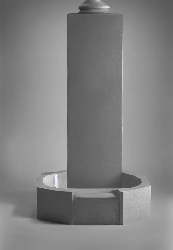 Image similar to a packshot of fountain ( fontaine ) readymade by marcel duchamp, archival pigment print, 1 9 2 0, academic art, conceptual art, white, grey, gray, underexposed grey, hues of subtle grey, ready - made, studio shoot, studio lighting