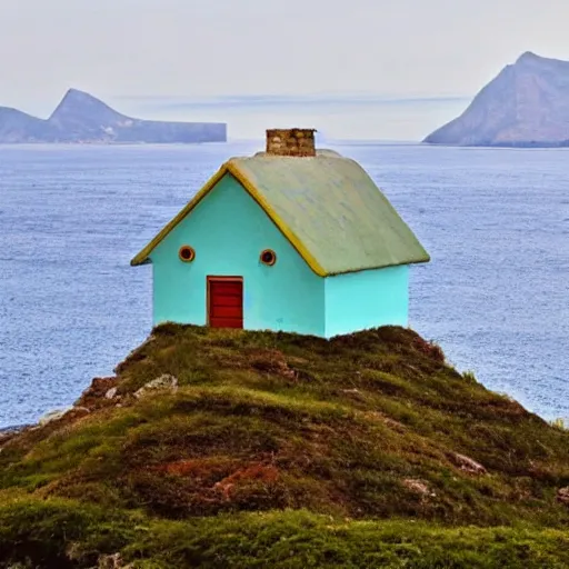 Image similar to a mountain and the sea, a little house in the middle of the sea