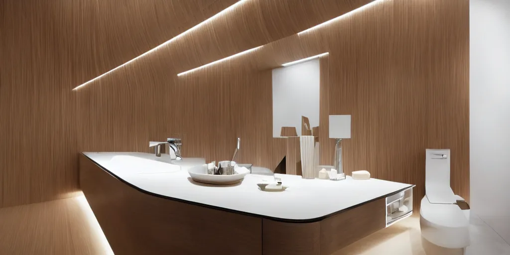 Image similar to bathroom designed by zaha hadid with wood paneling, futuristic furniture, led lighting, minimalist interior design, modern architecture, photography