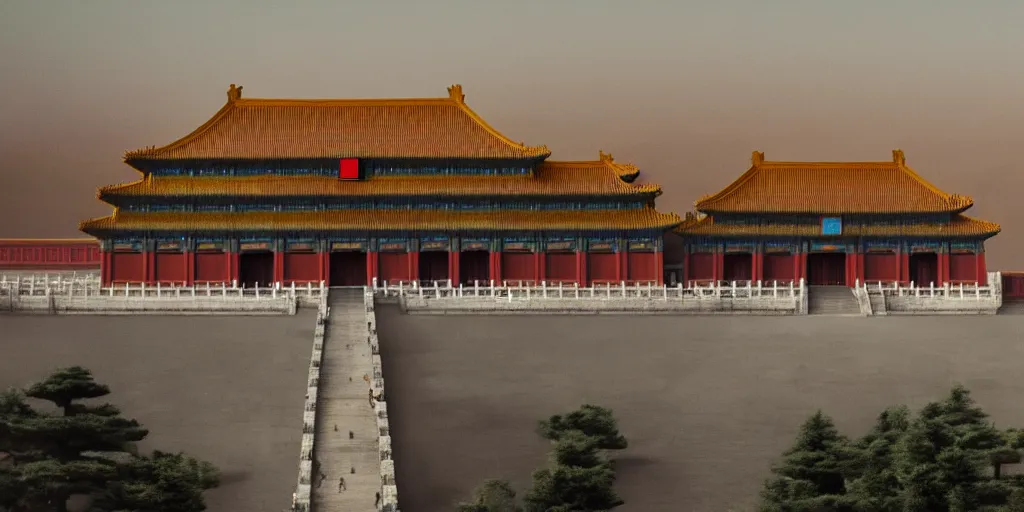 Image similar to a very high resolution image from a new movie, cyberpunk building, forbidden city, fantasy, wideshot, photorealistic, photography, directed by wes anderson