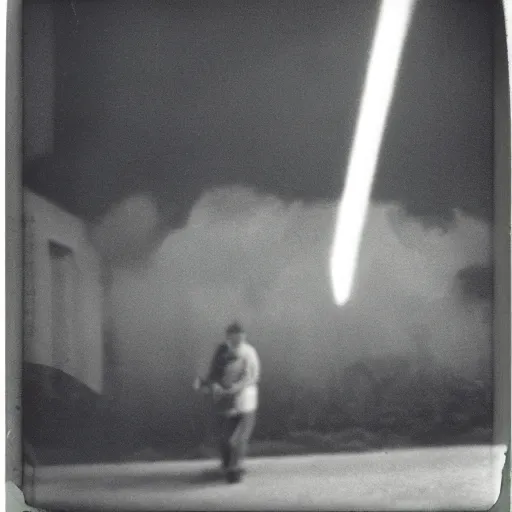 Image similar to low wide angle, old polaroid of a man being hit by a lighting strike in his head, black and white