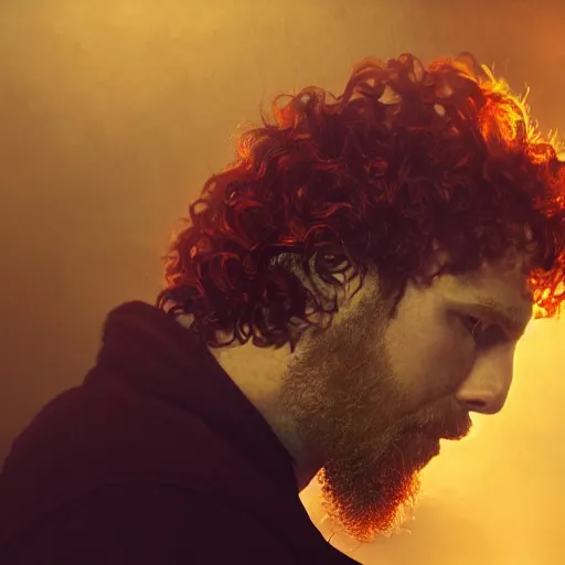 Prompt: side profile of a rugged man with curly red hair wearing a green cloak playing a guitar sitting on a rood top portrait, atmospheric lighting, painted, intricate, volumetric lighting, beautiful, rich deep colours masterpiece, golden hour, sharp focus, ultra detailed, by leesha hannigan, ross tran, thierry doizon, kai carpenter, ignacio fernandez rios