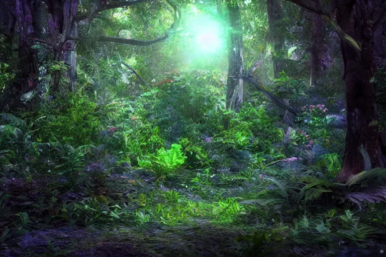 Prompt: A beautiful enchanted forest. There is a cosmic portal. Cinematic lighting. Photorealism.