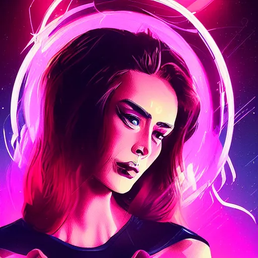 Image similar to woman, synthwave, retrowave, digital art, artstation