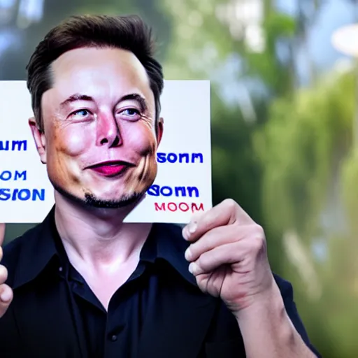 Prompt: a medium shot photograph of elon musk holding a sign with the word SOON SOON SOON SOON SOON SOON SOON SOON SOON SOON SOON SOON' on it, 4k, ultra HD