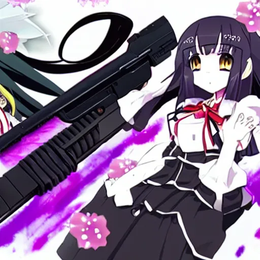 Prompt: a manga glock 1 9 commercial featuring homura from madoka magic girl anime