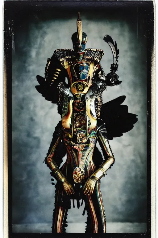 Image similar to polaroid still symmetry frame from Alien Covenant movie by Takashi Murakami, Count Orlok wearing Polish Winged Hussars armor made with porcelain dressed by Salvatore Ferragamo and by Chanel, haute couture painted by Peter Paul Rubens and by John Baeder by Jean-Michel Basquiat, editorial fashion photography, from vogue magazine